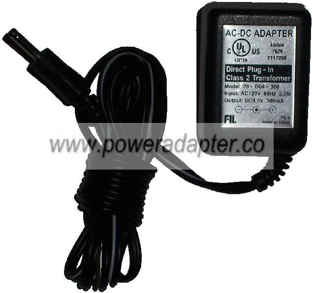 FIL 28-D04-300 AC ADAPTER 4.5Vdc 300mA -( )- 1.2x5.5mm 120Vac PO FIL 28-D04-300 AC ADAPTER 4.5Vdc 300mA -( )- 1.2x5.5mm 120Vac PO