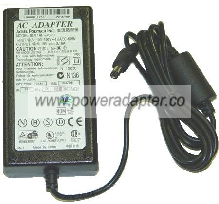 AcBel API-7629 AC ADAPTER 19VDC 3.16A 2.5x5.5mm -( ) Used 90 10 AcBel API-7629 AC ADAPTER 19VDC 3.16A 2.5x5.5mm -( ) Used 90 10
