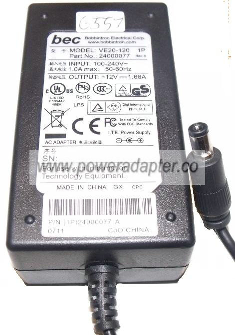 NEW BEC VE20-120 1P AC ADAPTER 12V DC 1.66A 2.5 x 5.5 x 9.9 mm Str NEW BEC VE20-120 1P AC ADAPTER 12V DC 1.66A 2.5 x 5.5 x 9.9 mm Str