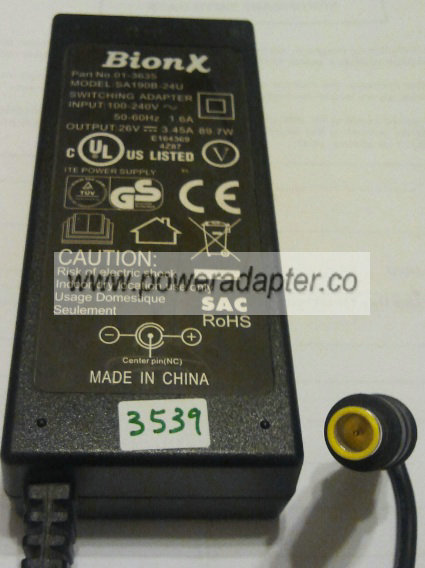 Bionx SA190B-24U AC ADAPTER 26Vdc 3.45A -( )- 89.7W Charger ITE Bionx SA190B-24U AC ADAPTER 26Vdc 3.45A -( )- 89.7W Charger ITE