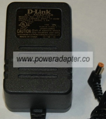 D-LINK AD-071A5 AC ADAPTER 7.5VDC 1.5A NEW 2 x 5.5 x 9.5mm D-LINK AD-071A5 AC ADAPTER 7.5VDC 1.5A NEW 2 x 5.5 x 9.5mm