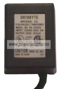 DATABYTE DV-9300S AC ADAPTER 9VDC 300mA CLASS 2 TRANSFORMER POW DATABYTE DV-9300S AC ADAPTER 9VDC 300mA CLASS 2 TRANSFORMER POW