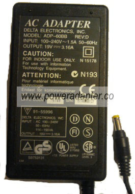 DELTA ADP-60BB REV:D NEW 19VDC 3.16A ADAPTER 1.8 x 4.8 x 11mm DELTA ADP-60BB REV:D NEW 19VDC 3.16A ADAPTER 1.8 x 4.8 x 11mm