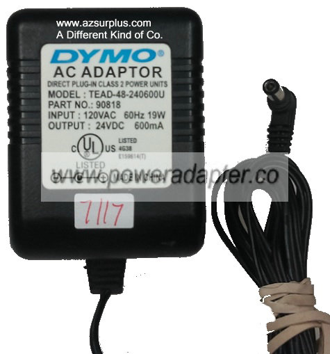 DYMO TEAD-48-2460600U AC ADAPTER 24VDC 600mA Used -( )- 90 Degre DYMO TEAD-48-2460600U AC ADAPTER 24VDC 600mA Used -( )- 90 Degre