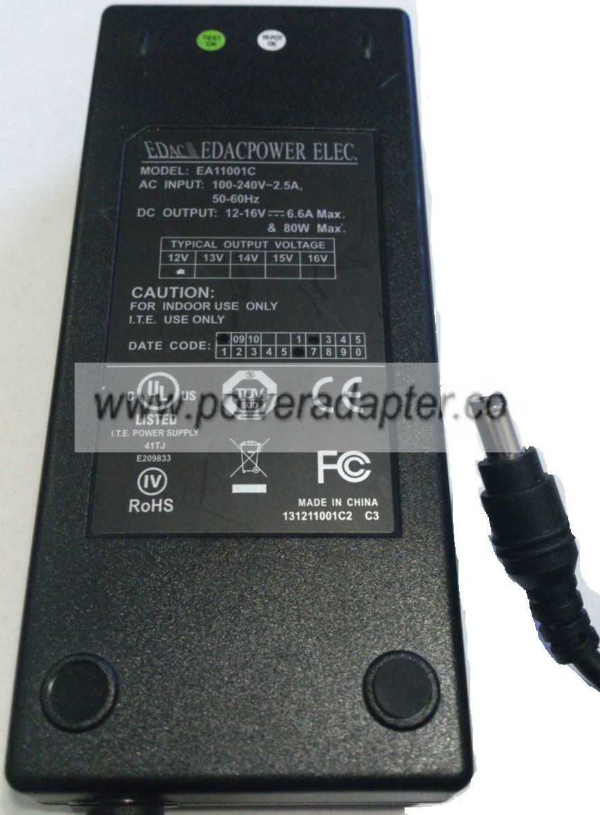 EDAC EA11001C AC ADAPTER 12VDC 6.6A 80W NEW 2x5.5x10mm -( )- 10 EDAC EA11001C AC ADAPTER 12VDC 6.6A 80W NEW 2x5.5x10mm -( )- 10