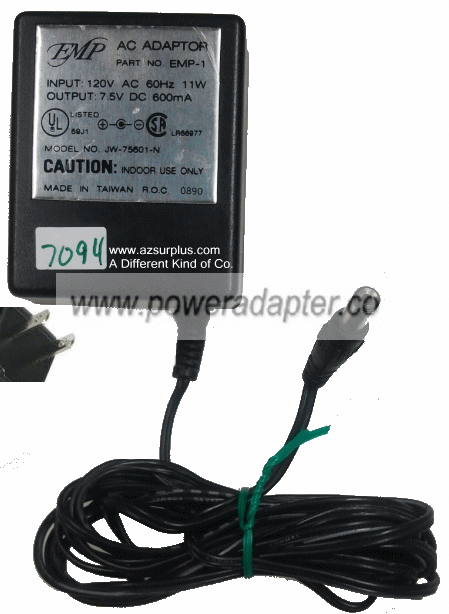EMP JW-75601-N AC ADAPTER 7.5VC 600mA Used (-) 2x5.5mm 120vac 2 EMP JW-75601-N AC ADAPTER 7.5VC 600mA Used (-) 2x5.5mm 120vac 2