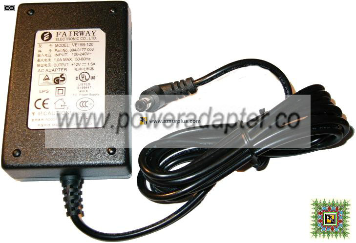 Fairway VE15B-120 AC ADAPTER 12VDC 1.5A -( ) 2x5.5mm 90 Used 10 Fairway VE15B-120 AC ADAPTER 12VDC 1.5A -( ) 2x5.5mm 90 Used 10