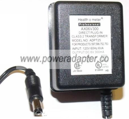 HEALTH O METER ADPT25 AC ADAPTER 6V DC 300mA POWER SUPPLY HEALTH O METER ADPT25 AC ADAPTER 6V DC 300mA POWER SUPPLY