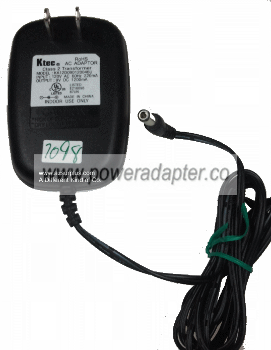 KTEC KA12D090120046U AC ADAPTER 9VDC 1200mA Used 2 x 5.4 x 14.2 KTEC KA12D090120046U AC ADAPTER 9VDC 1200mA Used 2 x 5.4 x 14.2