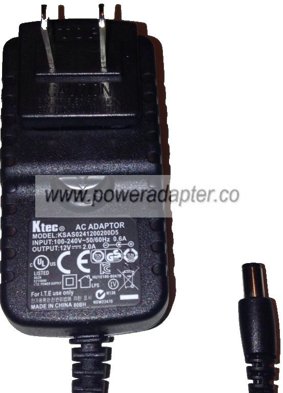 KTEC KSAS0241200200D5 AC ADAPTER 12V DC 2A Used 2 x 5.4 x 9.8 mm KTEC KSAS0241200200D5 AC ADAPTER 12V DC 2A Used 2 x 5.4 x 9.8 mm