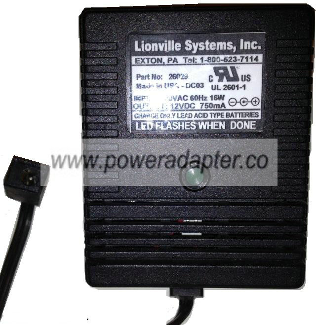 NEW LIONVILLE UL 2601-1 AC ADAPTER 12VDC 750mA -( )- 2.5x5.5mm NEW LIONVILLE UL 2601-1 AC ADAPTER 12VDC 750mA -( )- 2.5x5.5mm