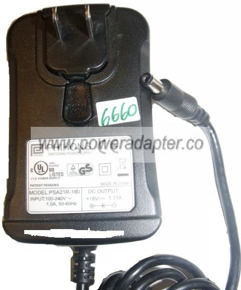 PHIONG PSA21R-180 AC ADAPTER 18VDC 1.11A Used 2.7 x 5.4 x 10.4 m PHIONG PSA21R-180 AC ADAPTER 18VDC 1.11A Used 2.7 x 5.4 x 10.4 m