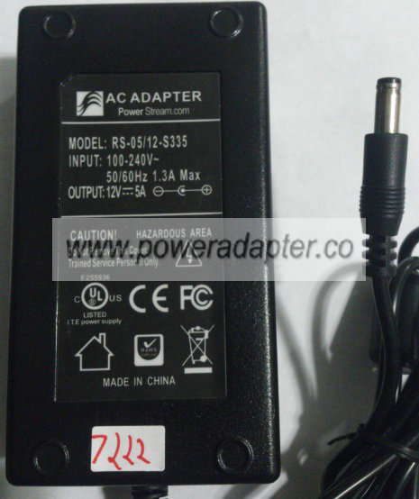 POWER STREAM RS-05/12-S335 AC ADAPTER 12VDC 5A -( )-2x5.5x12mm POWER STREAM RS-05/12-S335 AC ADAPTER 12VDC 5A -( )-2x5.5x12mm