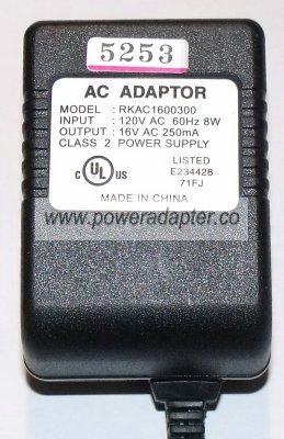 RKAC1600300 AC ADAPTER 16V 250mA CLASS 2 POWER SUPPLY Conditio RKAC1600300 AC ADAPTER 16V 250mA CLASS 2 POWER SUPPLY Conditio
