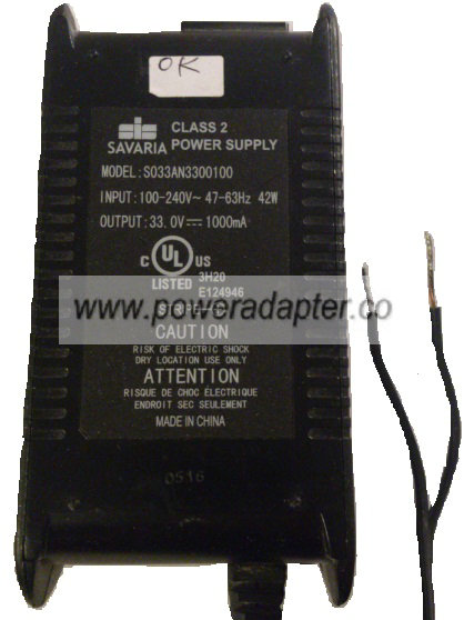 SAVARIA S033AN3300100 AC ADAPTER 33VDC 1000mA NEW 2 Wire SAVARIA S033AN3300100 AC ADAPTER 33VDC 1000mA NEW 2 Wire