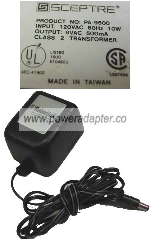 SCEPTRE PA-9500 AC ADAPTER 9VAC 500mA NEW ~(~) 2.5x5.5mm 120vac SCEPTRE PA-9500 AC ADAPTER 9VAC 500mA NEW ~(~) 2.5x5.5mm 120vac