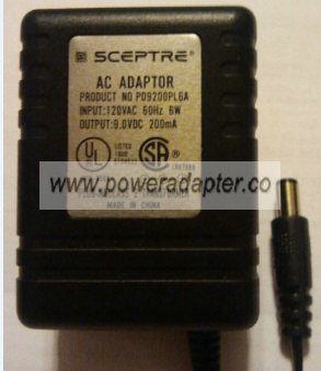 SCEPTRE PD9200PL6A AC ADAPTER 9VDC 200mA Used -( ) 2.5x5.5mm 120 SCEPTRE PD9200PL6A AC ADAPTER 9VDC 200mA Used -( ) 2.5x5.5mm 120