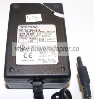 SCEPTRE PSD-1220APL6 AC ADAPTER 12Vdc 2A -( ) Used 2x5.5mm 100-2 SCEPTRE PSD-1220APL6 AC ADAPTER 12Vdc 2A -( ) Used 2x5.5mm 100-2