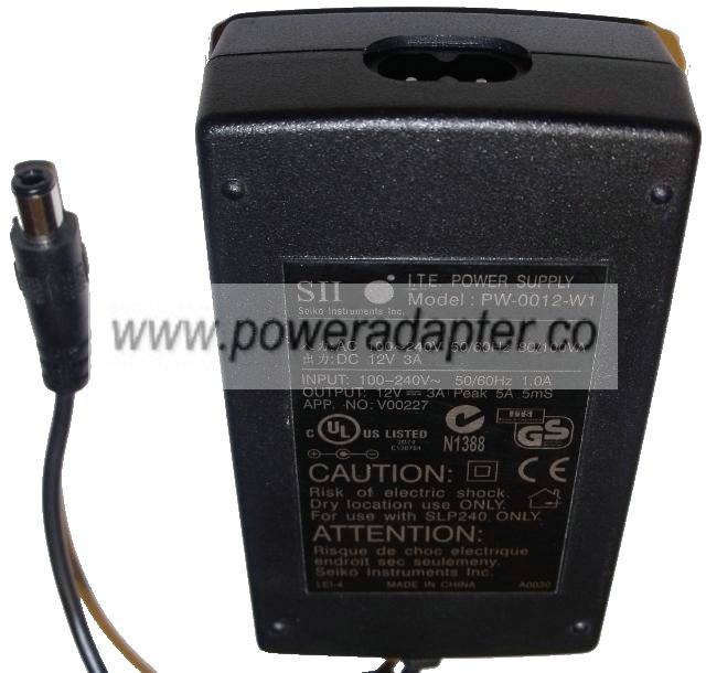 SEIKO PW-0012-W1 AC ADAPTER 12VDC 3A NEW -( )- 3 x 6.5 x 9.8mm SEIKO PW-0012-W1 AC ADAPTER 12VDC 3A NEW -( )- 3 x 6.5 x 9.8mm