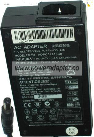TPV ELECTRONICS ADPC12416BB AC ADAPTER 12VDC 4.16A POWER SUPPLY TPV ELECTRONICS ADPC12416BB AC ADAPTER 12VDC 4.16A POWER SUPPLY