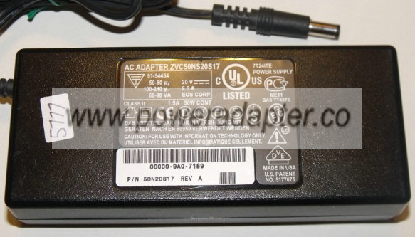 ZVC50NS20S17 AC ADAPTER 20VDC 2.5A NEW 2.6 x 5.5 x 11.8mm ZVC50NS20S17 AC ADAPTER 20VDC 2.5A NEW 2.6 x 5.5 x 11.8mm