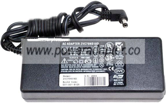 ZVC70NS18D AC ADAPTER 18V DC 3.88A NEW 2x5.3x10mm 90 DEGREE ZVC70NS18D AC ADAPTER 18V DC 3.88A NEW 2x5.3x10mm 90 DEGREE