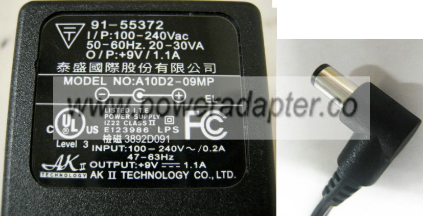 AKII TECHNOLOGY A10D2-09MP AC ADAPTER 9VDC 1A 2.5 x 5.5 x 9.3mm AKII TECHNOLOGY A10D2-09MP AC ADAPTER 9VDC 1A 2.5 x 5.5 x 9.3mm