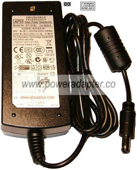 APD DA-36G12 AC Adapter 12VDC 3A Used -( ) 2.5x5.5mm 100-240vac APD DA-36G12 AC Adapter 12VDC 3A Used -( ) 2.5x5.5mm 100-240vac