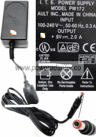 Ault PW172 AC ADAPTER 9VDC 2A PW172KB0903F01 2.5x5.5x10 mm Used Ault PW172 AC ADAPTER 9VDC 2A PW172KB0903F01 2.5x5.5x10 mm Used