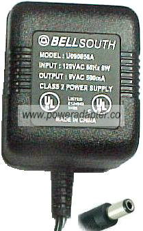 BELLSOUTH U090050A AC ADAPTER 9VAC 500mA POWER SUPPLY CLASS 2 BELLSOUTH U090050A AC ADAPTER 9VAC 500mA POWER SUPPLY CLASS 2