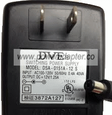 DVE DSA-0151A-12 S AC ADAPTER 12VDC 1.25A Used 2.1 x 5.4 x 9.4 m DVE DSA-0151A-12 S AC ADAPTER 12VDC 1.25A Used 2.1 x 5.4 x 9.4 m