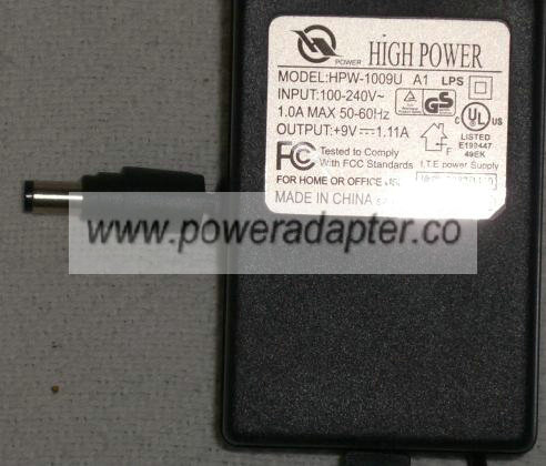 HIGHPOWER HPW-1009U AC DC ADAPTER 9V 1.11A POWER SUPPLY HIGHPOWER HPW-1009U AC DC ADAPTER 9V 1.11A POWER SUPPLY
