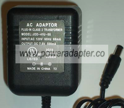 JOD-41U-05 AC ADAPTER 7.5Vdc 500mA -( ) 2x5.5mm Used 120vac POWE JOD-41U-05 AC ADAPTER 7.5Vdc 500mA -( ) 2x5.5mm Used 120vac POWE