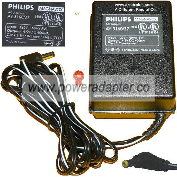 PHILLIPS AY3160/37 AC ADAPTER 4.5Vdc 400mA 90 1.6x4mm -( ) Used PHILLIPS AY3160/37 AC ADAPTER 4.5Vdc 400mA 90 1.6x4mm -( ) Used