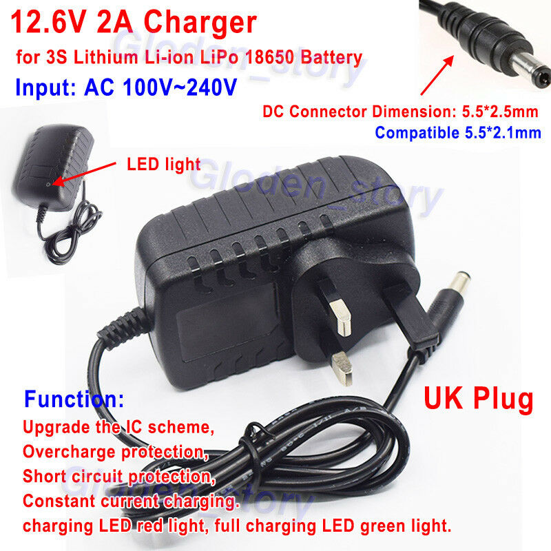UK 3 Pin plug 12.6V 2A charger adapter for Lithium Ion Battery Li-ion LiPo 3S Type: Plug Adapter & Converter Combo Vo UK 3 Pin plug 12.6V 2A charger adapter for Lithium Ion Battery Li-ion LiPo 3S Type: Plug Adapter & Converter Combo Vo