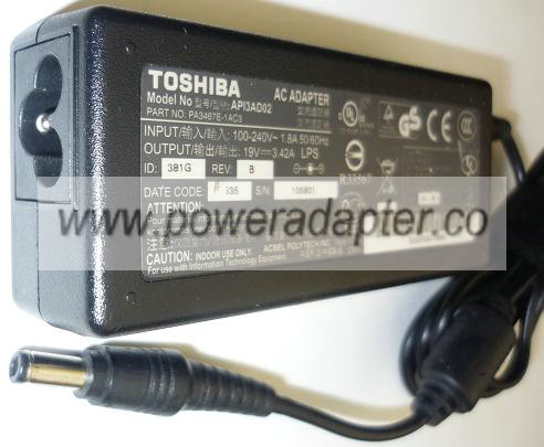 TOSHIBA AP13AD03 AC ADAPTER 19V DC 3.42A USED -(+) 2.5x5.5mm ROU