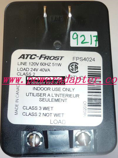 ATC-FROST FPS4024 AC ADAPTER 24V 40VA USED 120V 60Hz 51W CLASS 2 ATC-FROST FPS4024 AC ADAPTER 24V 40VA USED 120V 60Hz 51W CLASS 2