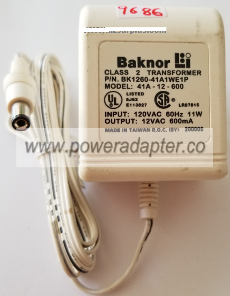 BAKNOR 41A-12-600 AC ADAPTER 12VAC 600mA USED 2x5.5x9mm ROUND BAKNOR 41A-12-600 AC ADAPTER 12VAC 600mA USED 2x5.5x9mm ROUND