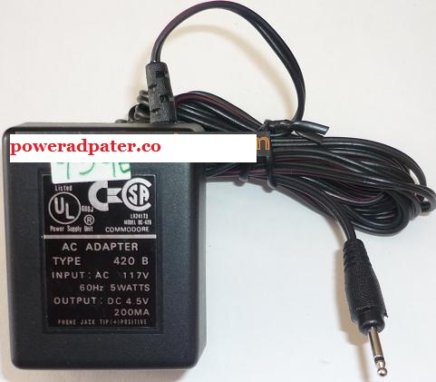 NEW COMMODORE DC-420 AC ADAPTER 4.5VDC 200mA -(+) PHONE JACK NEW COMMODORE DC-420 AC ADAPTER 4.5VDC 200mA -(+) PHONE JACK