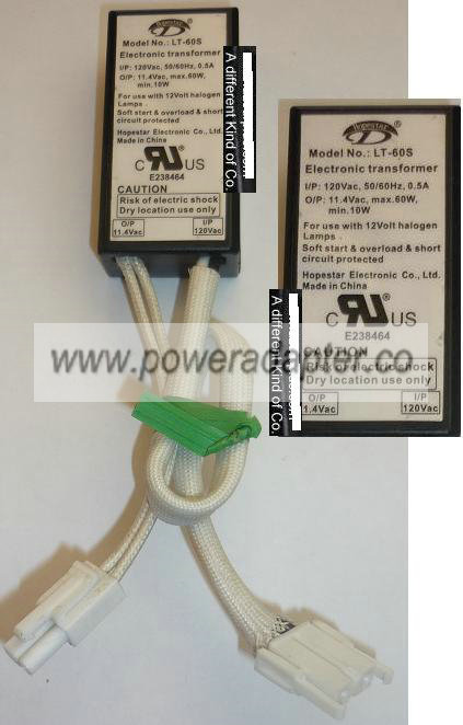 HOPESTAR LT-60S AC ADAPTER 11.4VAC 60W USED ELECTRONIC TRANSFORMER POWER SUPPLY 120VAC 50/60Hz 0.5A E238464 UL/cUL Appro HOPESTAR LT-60S AC ADAPTER 11.4VAC 60W USED ELECTRONIC TRANSFORMER POWER SUPPLY 120VAC 50/60Hz 0.5A E238464 UL/cUL Appro