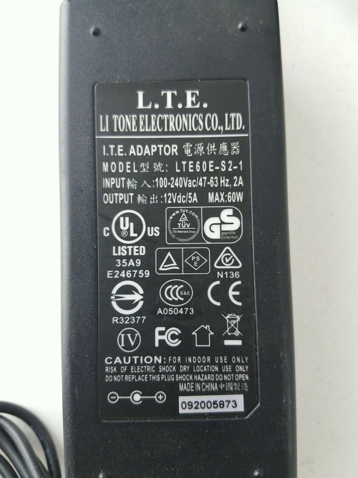 Li Tone Adaptor LTE60E-S2-1 12V DC 5 A Power Supply Type: AC/DC Adapter Features: new Location: TMP99026 Output Vo Li Tone Adaptor LTE60E-S2-1 12V DC 5 A Power Supply Type: AC/DC Adapter Features: new Location: TMP99026 Output Vo