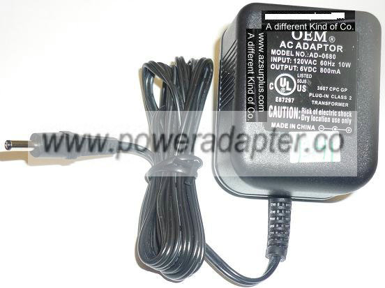 OEM AD-0680 AC ADAPTER 6VDC 800mA USED -(+) 1.1x3.5x11mm ROUND BARREL PLUG IN CLASS 2 TRANSFORMER POWER SUPPLY 120VAC~60 OEM AD-0680 AC ADAPTER 6VDC 800mA USED -(+) 1.1x3.5x11mm ROUND BARREL PLUG IN CLASS 2 TRANSFORMER POWER SUPPLY 120VAC~60