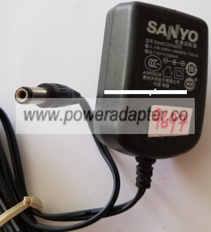 SANYO S005CC0750050 AC ADAPTER 7.5VDC 500mA USED -(+) 2x5.5x12mm SANYO S005CC0750050 AC ADAPTER 7.5VDC 500mA USED -(+) 2x5.5x12mm
