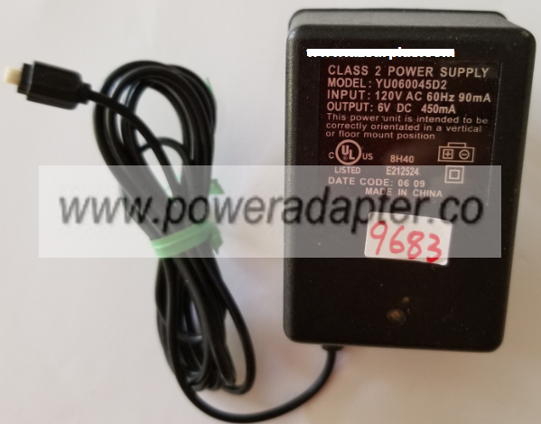 YU060045D2 AC ADAPTER 6VDC 450mA USED PLUG IN CLASS 2 POWER YU060045D2 AC ADAPTER 6VDC 450mA USED PLUG IN CLASS 2 POWER