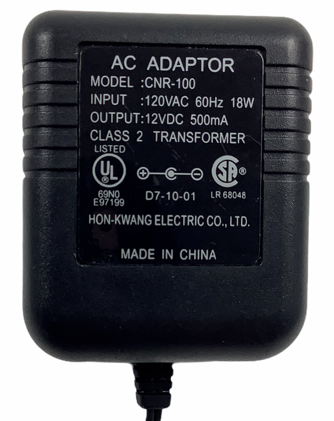 AC Adapter Hon-Kwang Electric Co - Model CNR-100 - 120 VAC, 12VDC, 500mA Type: AC/DC Adapter Output Voltage: 12 V MPN: AC Adapter Hon-Kwang Electric Co - Model CNR-100 - 120 VAC, 12VDC, 500mA Type: AC/DC Adapter Output Voltage: 12 V MPN: