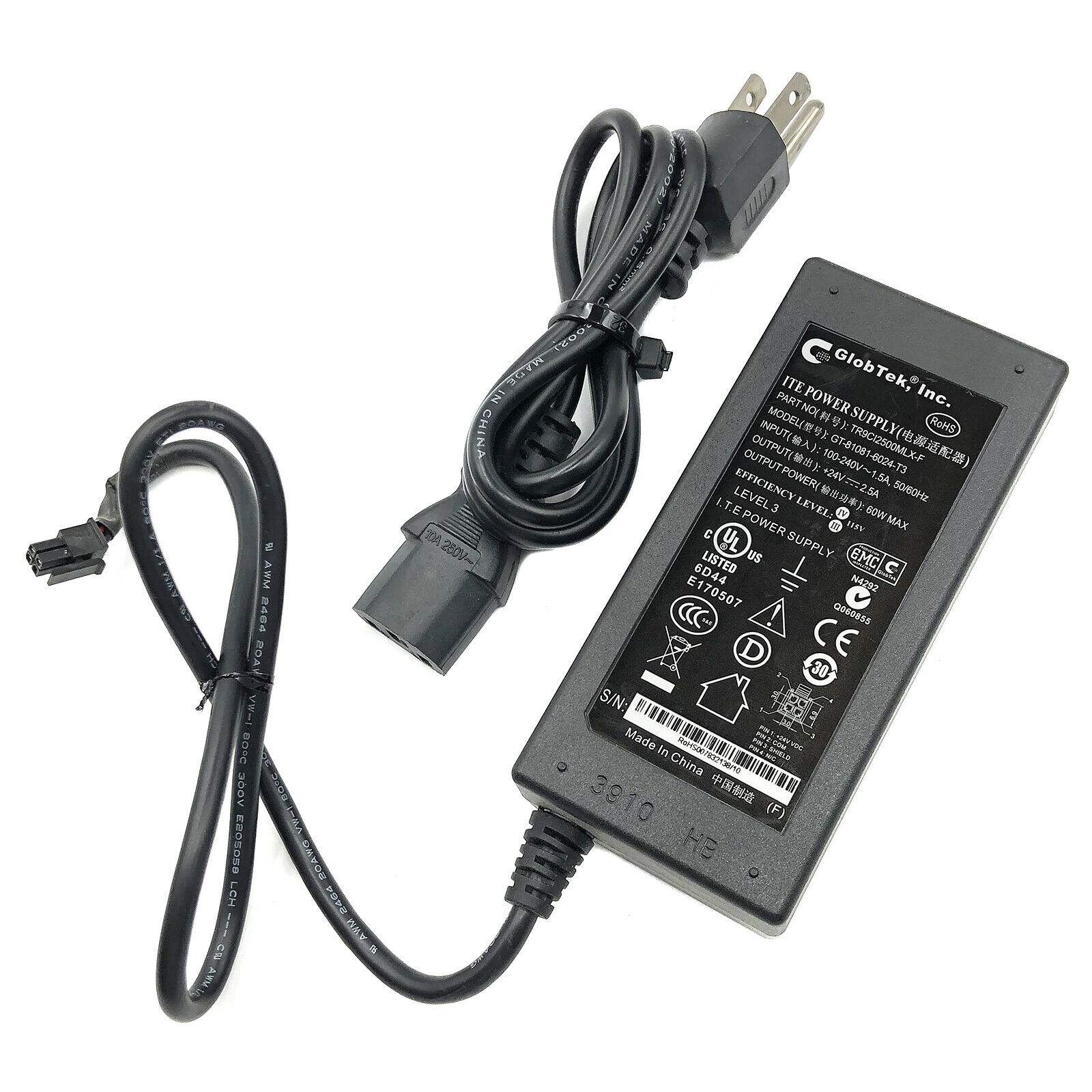 Genuine Globtek GT-81081-6024-T3 AC Adapter 24V Power Supply ATX 4 Pin w/PC OEM Color: Black Brand: Globtek Cable Le Genuine Globtek GT-81081-6024-T3 AC Adapter 24V Power Supply ATX 4 Pin w/PC OEM Color: Black Brand: Globtek Cable Le