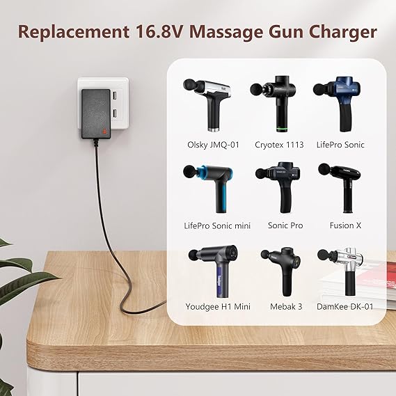 16.8V Charger for Massage Gun Compatible with TheraGun, Hyperice, Medcursor, Mebak, Toloco, Sportneer, Sonic, Fusion, Yo 16.8V Charger for Massage Gun Compatible with TheraGun, Hyperice, Medcursor, Mebak, Toloco, Sportneer, Sonic, Fusion, Yo
