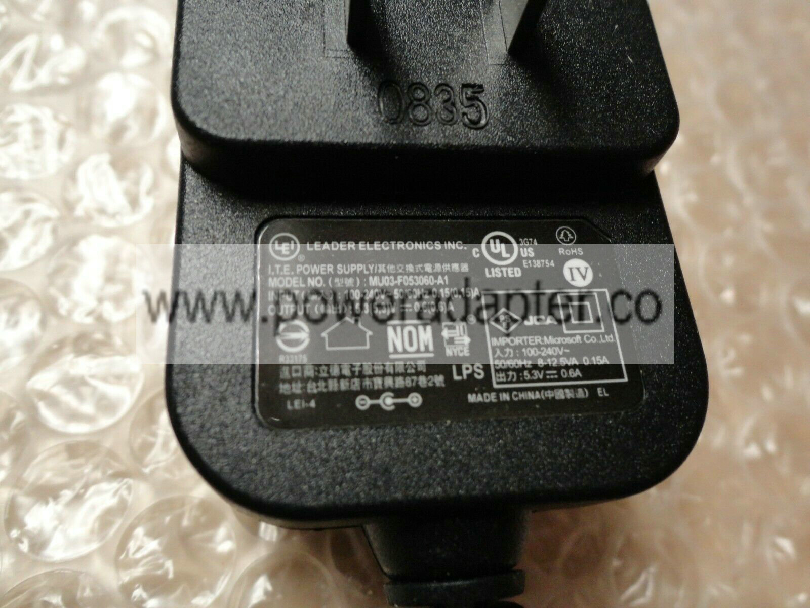 Original OEM LEI Adapter Model :MU03-F053060-A1 5.3VDC 0.6A Original OEM LEI Adapter Model :MU03-F053060-A1 5.3VDC 0 Original OEM LEI Adapter Model :MU03-F053060-A1 5.3VDC 0.6A Original OEM LEI Adapter Model :MU03-F053060-A1 5.3VDC 0