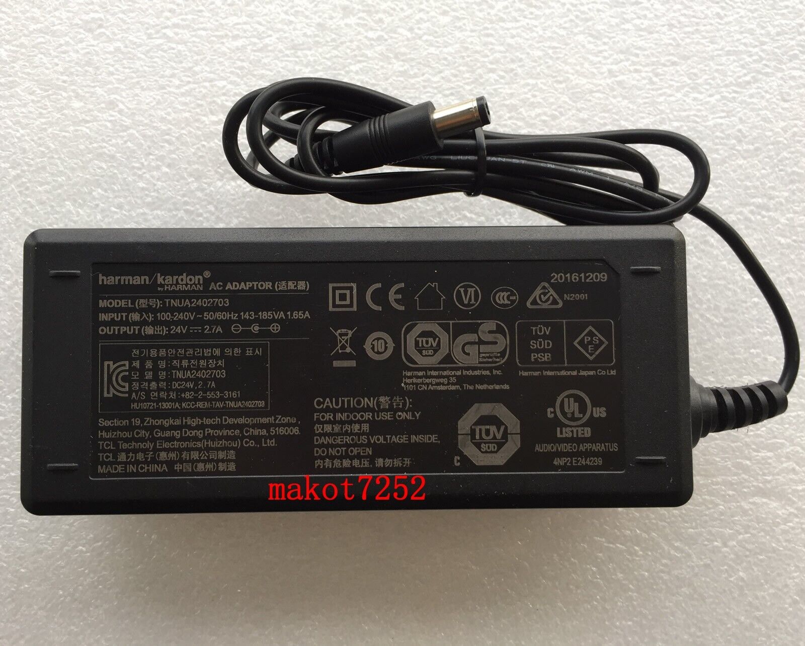 New Original 24V 2.7A AC/DC Adapter for Harman Kardon SB26 TNUA2402703 Sound Bar Brand Harman Kardon Compatible Brand New Original 24V 2.7A AC/DC Adapter for Harman Kardon SB26 TNUA2402703 Sound Bar Brand Harman Kardon Compatible Brand