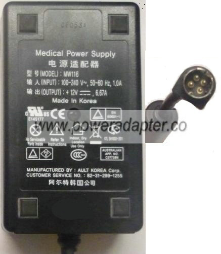 Power Supply for X-Ray Viewer,I.T.E.,Input: 100-250VAC,50-60Hz,1.0A,Output: +12VDC,6.67A,Model:MW116 KA1249F63 Power Supply for X-Ray Viewer,I.T.E.,Input: 100-250VAC,50-60Hz,1.0A,Output: +12VDC,6.67A,Model:MW116 KA1249F63